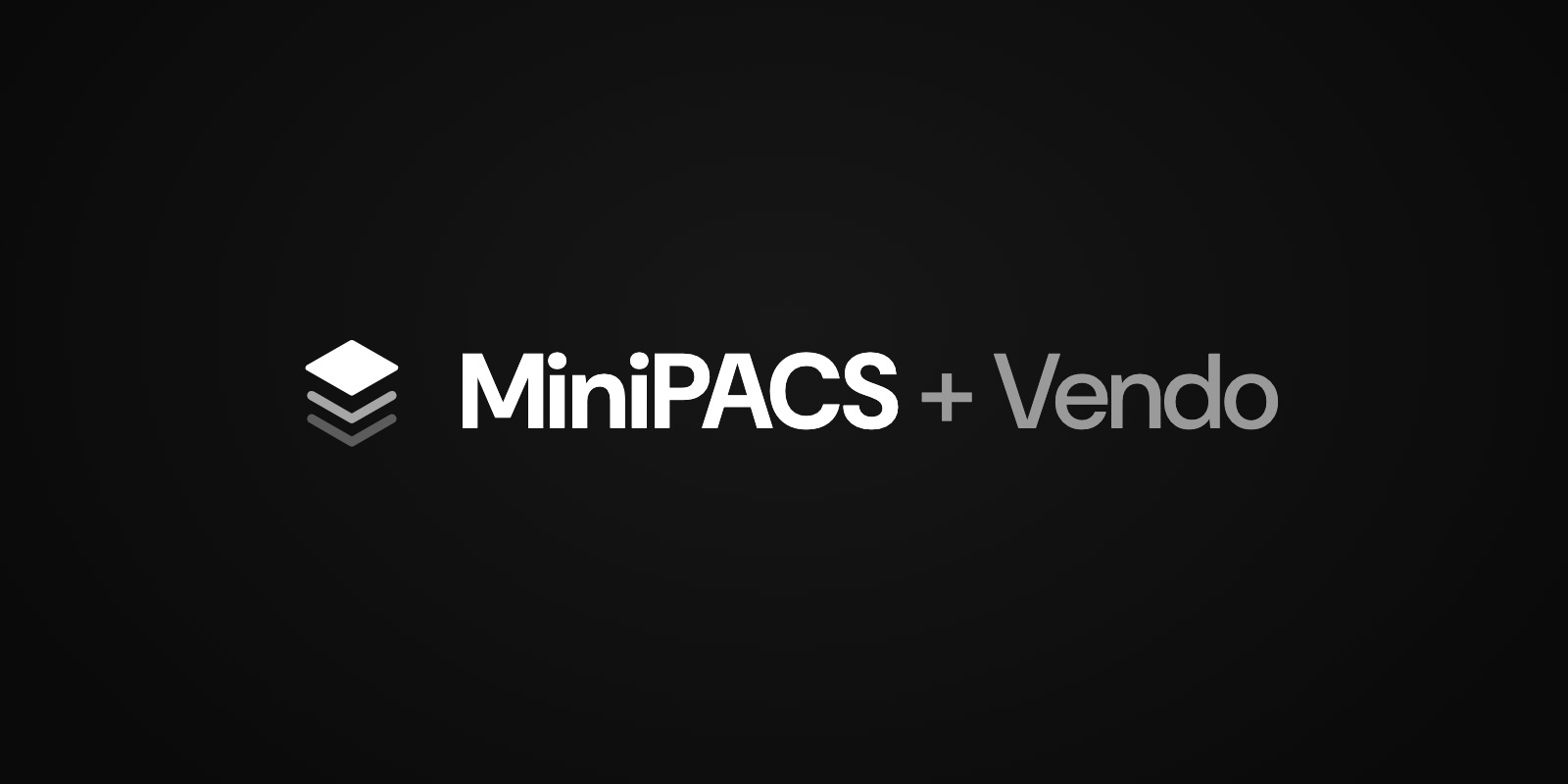 The MiniPACS + Vendo layered-stack mark and wordmark on an obsidian plate