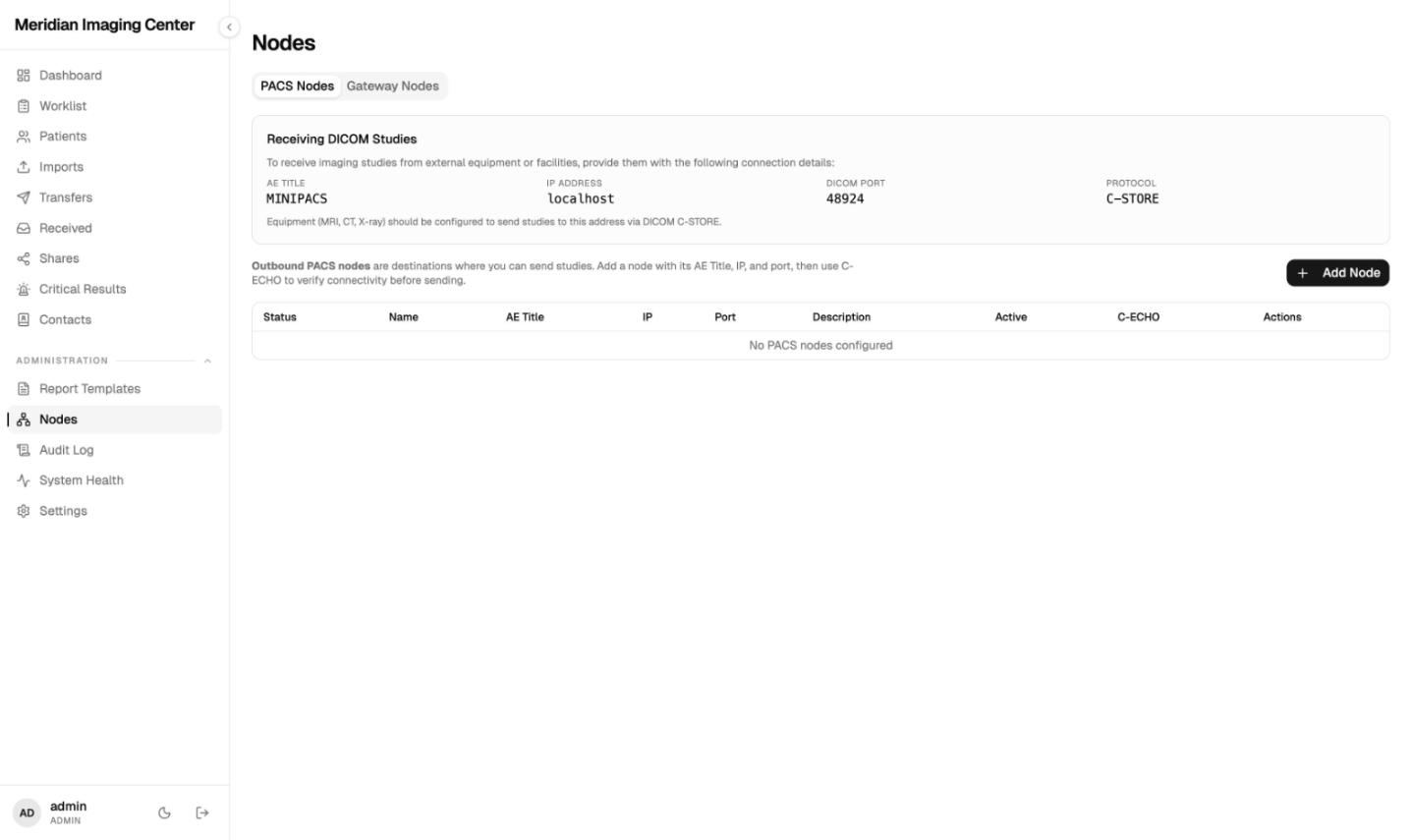 The MiniPACS DICOM nodes admin screen showing the AE title, IP and port studies use to reach the archive over C-STORE.