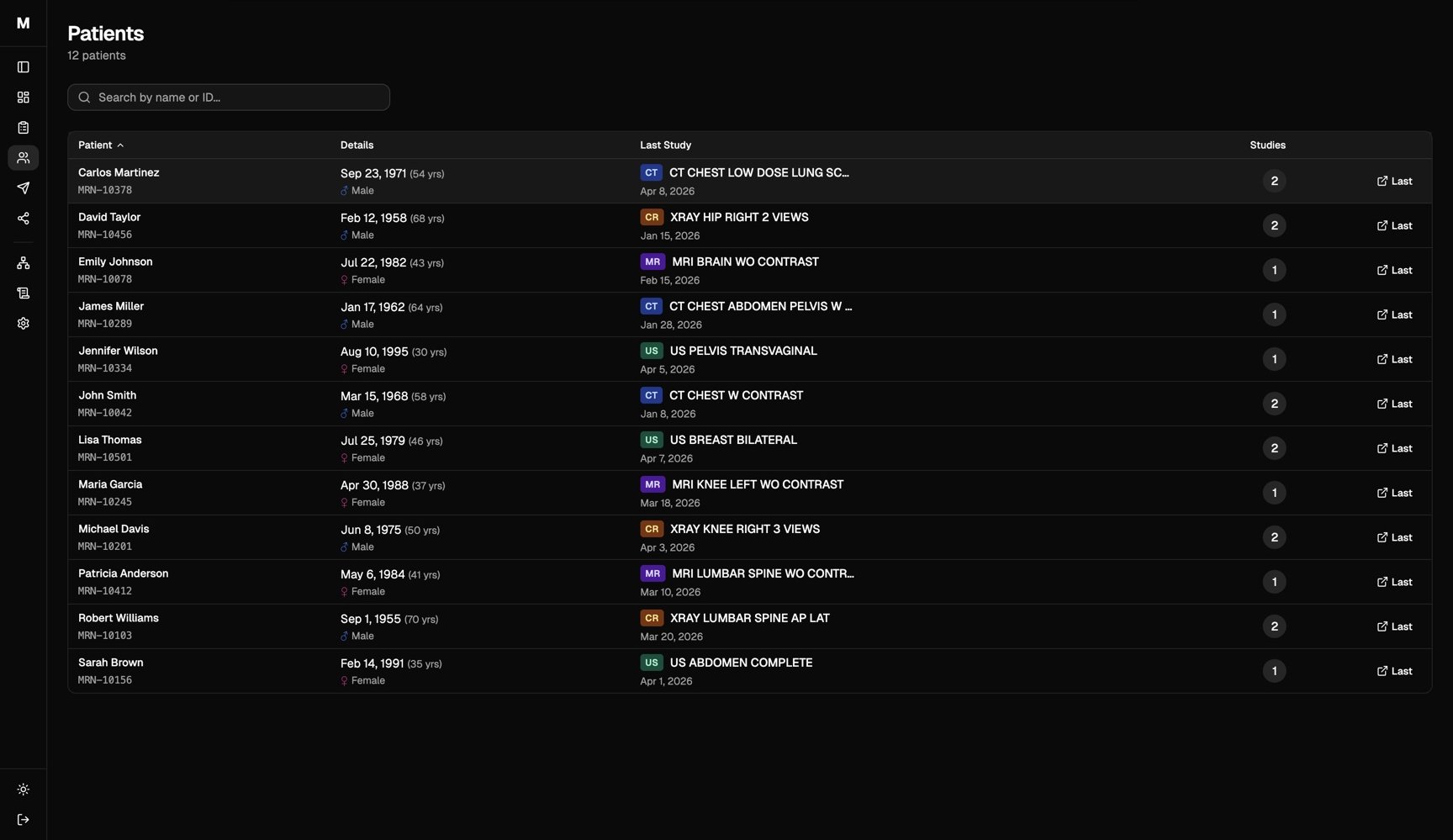 The MiniPACS patients list in dark mode, a synthetic patient roster with study counts, kept in one shared archive instead of scattered on a single Mac.