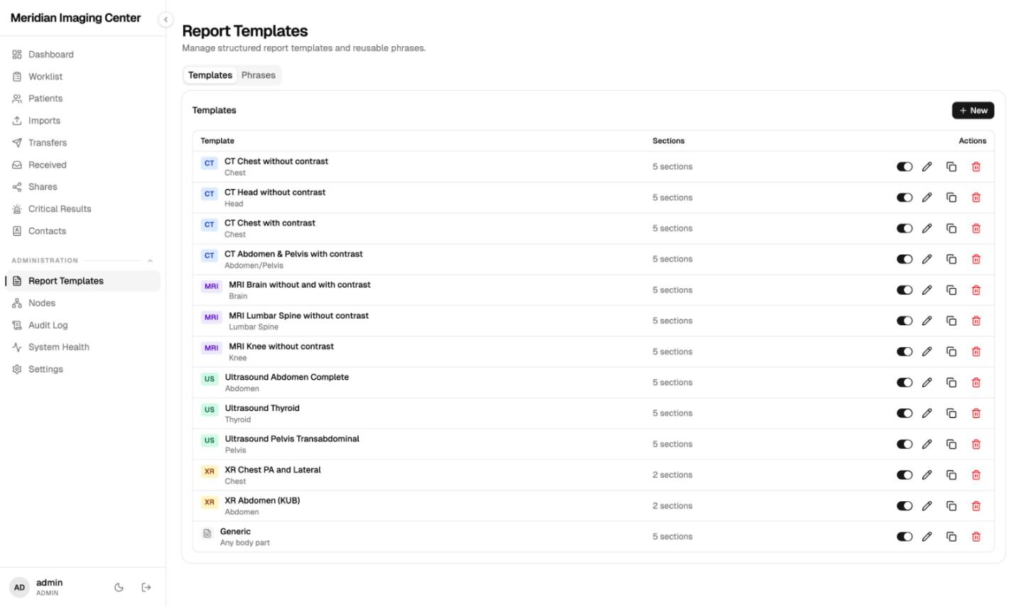 The MiniPACS report templates admin page listing templates organized by modality such as CT, MRI, ultrasound and X-ray, on synthetic data.