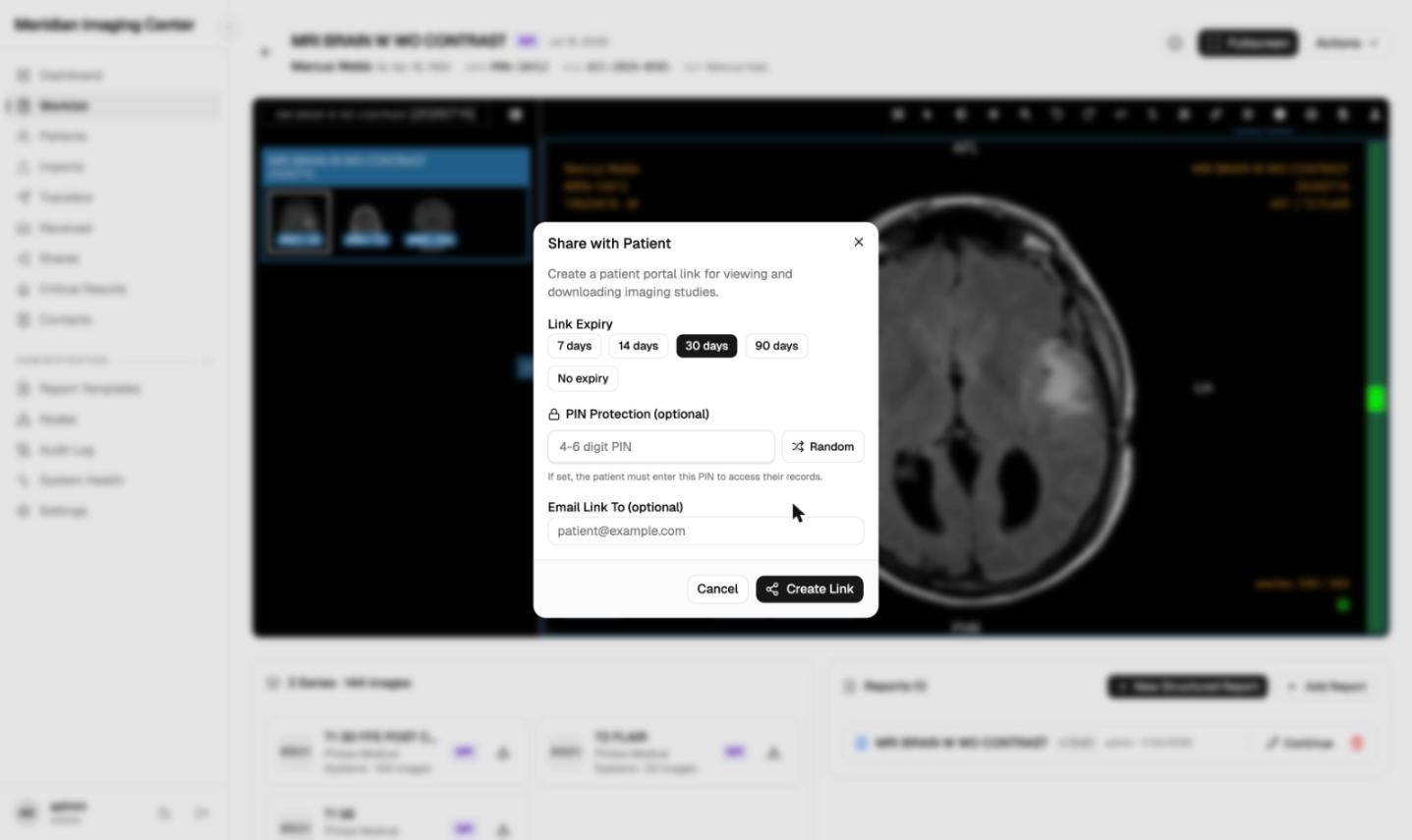 The MiniPACS share dialog setting an expiring link and PIN for a study, shown over a blurred DICOM viewer, on synthetic data.