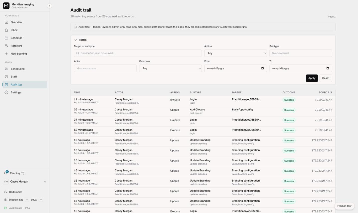 The Vendo audit trail listing tamper-evident, admin-only log entries with actor, action and outcome columns, on synthetic data.