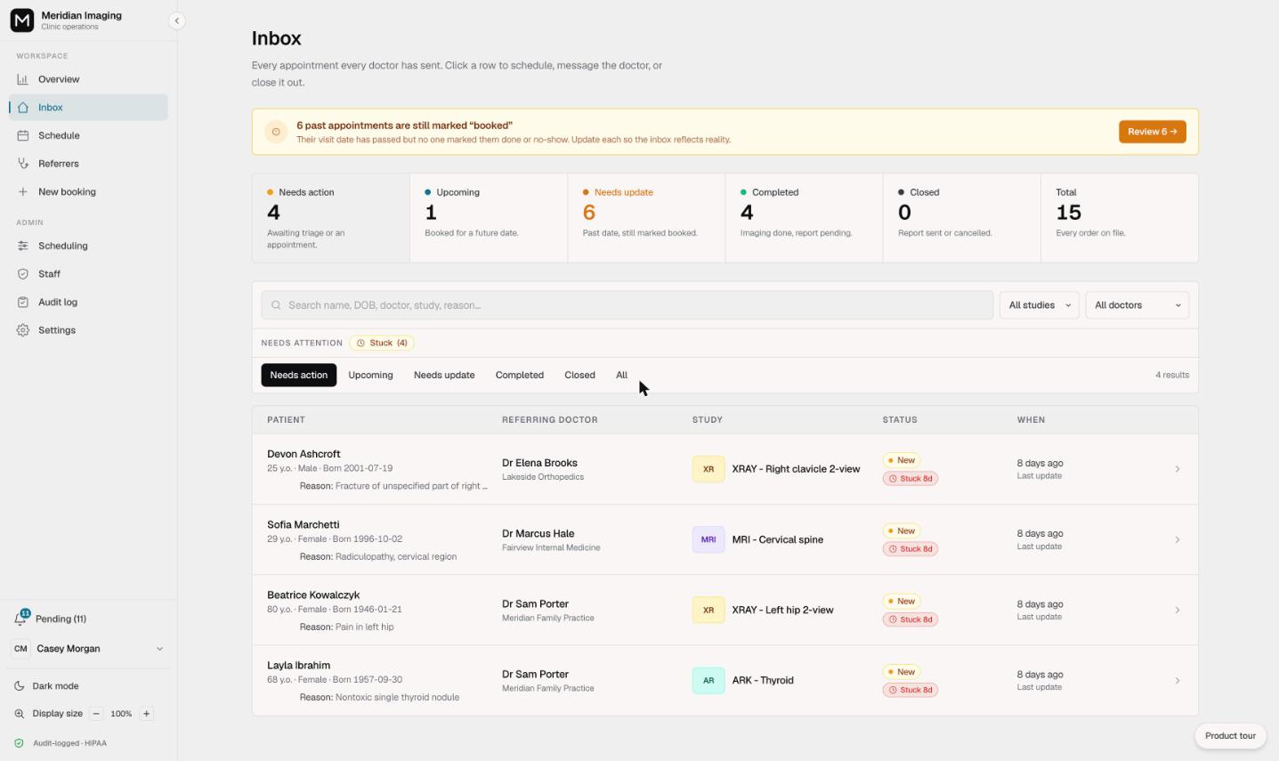 The Vendo referral inbox listing incoming orders with status badges like Needs action, Upcoming and Stuck, on synthetic data.