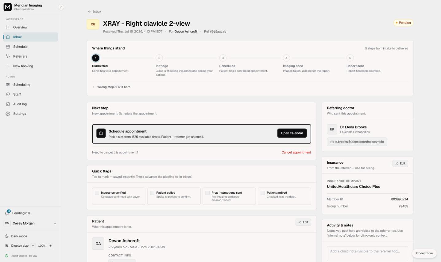The Vendo referral detail page showing a five-step status pipeline from submitted to imaging done to report sent, on synthetic data.