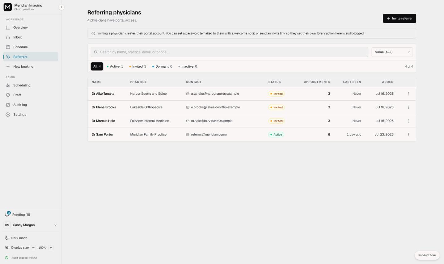 The Vendo referring physicians page listing practices with portal access, invite status and appointment counts, on synthetic data.