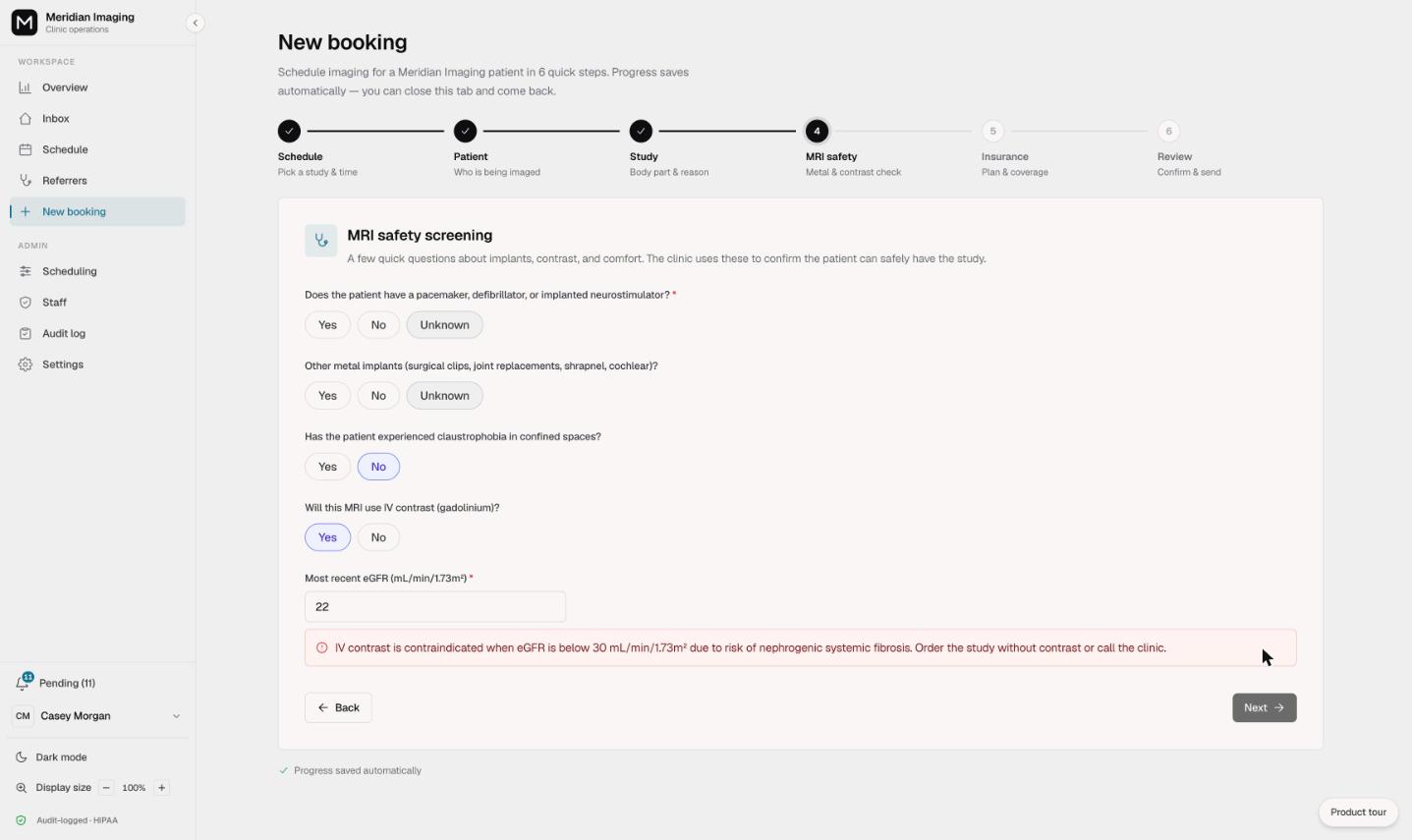 The Vendo booking wizard blocking an MRI order with a red eGFR safety warning and a disabled Next button, on synthetic data.
