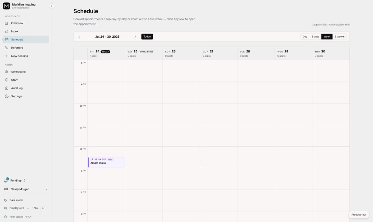 The Vendo schedule calendar showing a confirmed appointment booked directly onto an open time slot, on synthetic data.