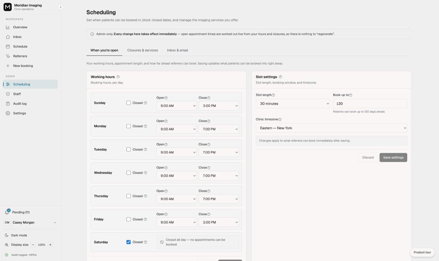 The Vendo scheduling settings page listing weekday working hours and slot length used to compute real open times, on synthetic data.