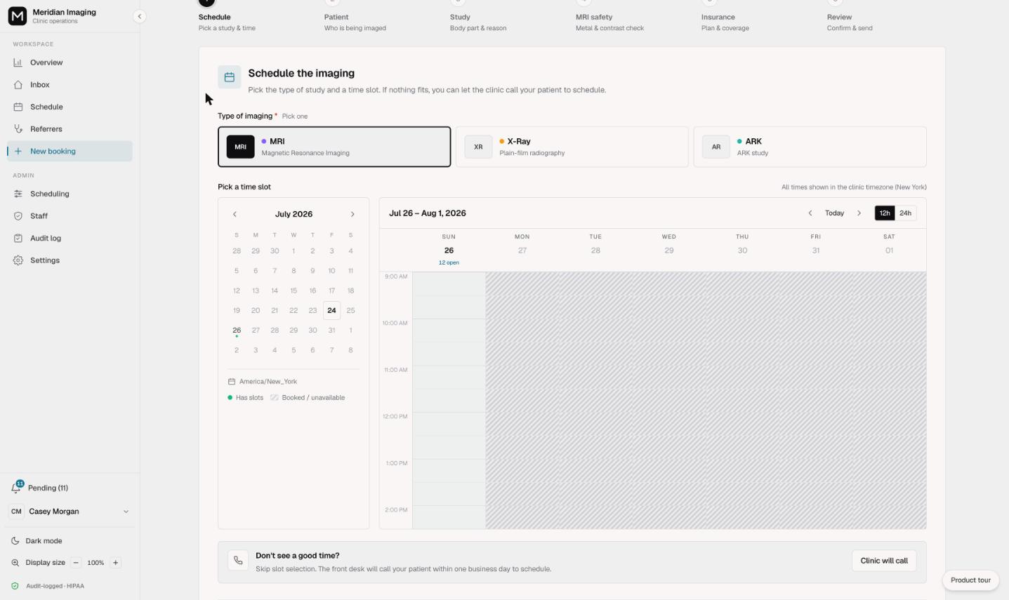 The Vendo booking wizard where a referring office picks an imaging type and a real open time slot from a week calendar, on synthetic data.