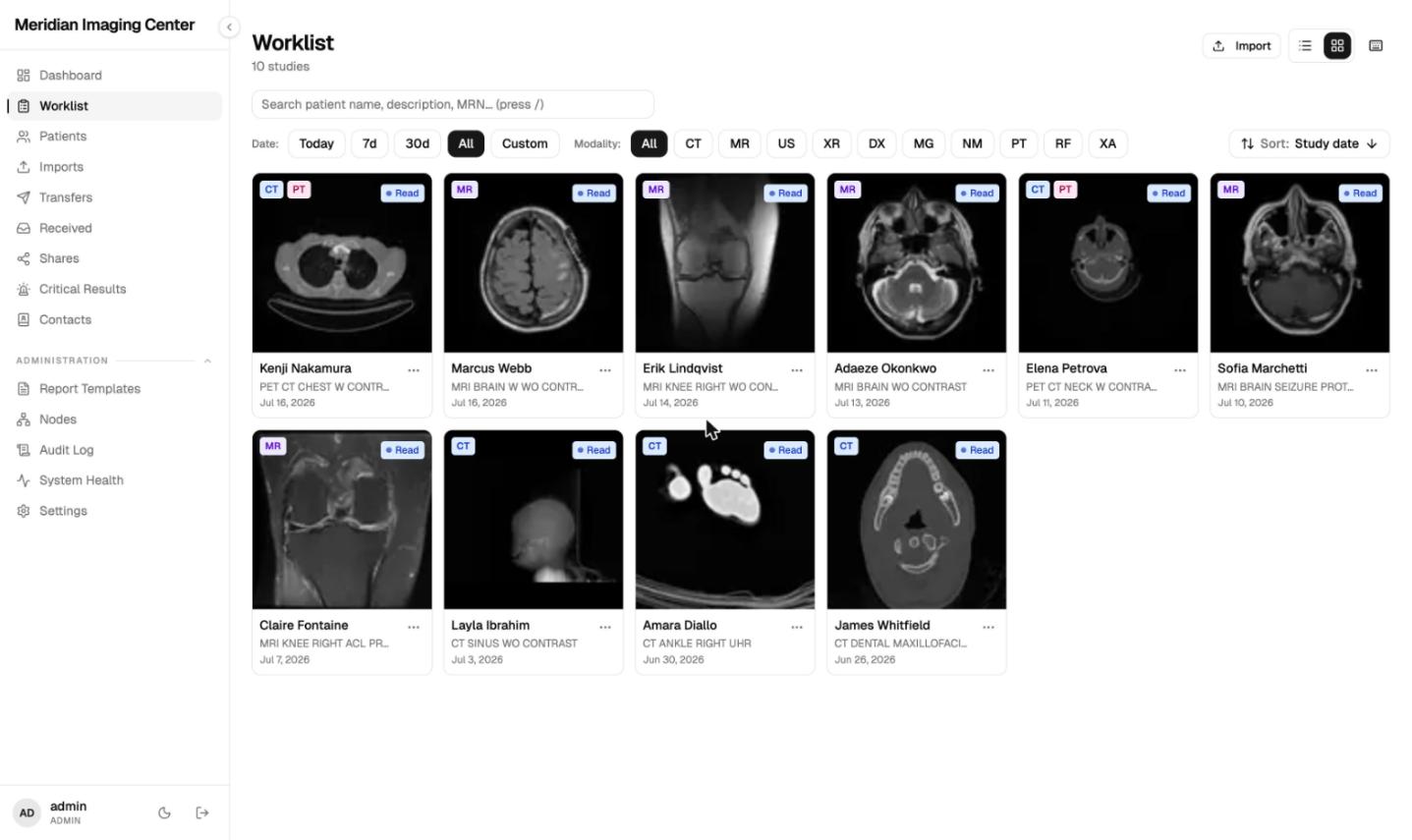The MiniPACS worklist grid view with study thumbnails across CT, MR and PET modalities, on synthetic data.